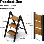 Taranta 3 Step Ladder,Aluminum Lightweight Folding 3 Step Stool with Anti-Slip Wide Pedal, 330lbs Capacity Step Ladder for Household,Kitchen,Office - BlackWoodgrain