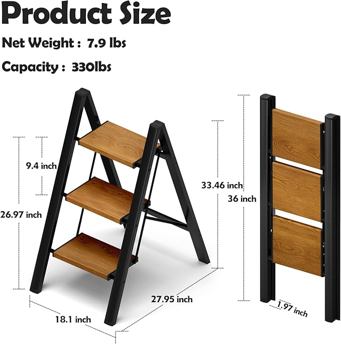 Taranta 3 Step Ladder,Aluminum Lightweight Folding 3 Step Stool with Anti-Slip Wide Pedal, 330lbs Capacity Step Ladder for Household,Kitchen,Office - BlackWoodgrain