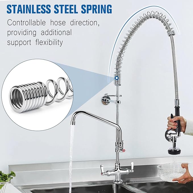 21" Height Commercial Sink Faucet Deck Mount with Pre-Rinse Sprayer, Commercial Kitchen Faucet with 8" Add-on Swing Spout Faucet & Spring Pull Down Sprayer, 8" Adjustable Center Kitchen Faucet