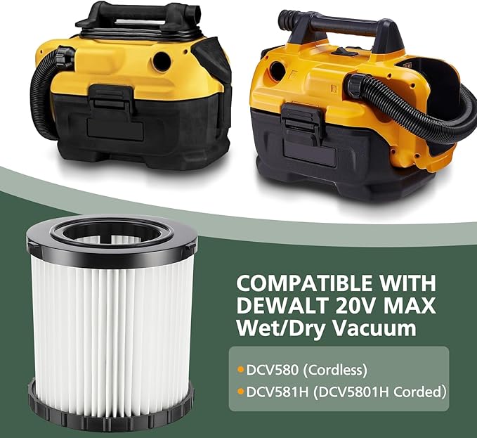 DCV580H DCV581H Vacuum Replacement Filter for DEWALT 20V MAX Wet/Dry VAC DCV580H (Cordless) DCV581H DCV5801H Portable Shop Vac Vacuum 2 Gallon Tank Capacity, Washable and Reusable Hepa Filter, 2 Pack
