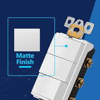 LIDER Minimalist Design Matte Finish Lighted Triple Switch, Combination Frameless Decorator Switch with Locator Light, Ground Terminal, Single Pole, 15A 120-277V, UL Listed, LCS3-1P-W, White