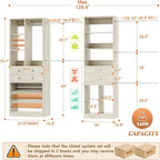 Closet System, Up to 128.6"/10.7 FT Closet Organizer with 4 Wooden Drawers and Shelves, Walk-in Closet System with 6 Hanging Rods, Built-in Closet Can Fit 96"/8FT, 120"/10FT, Greige Oak