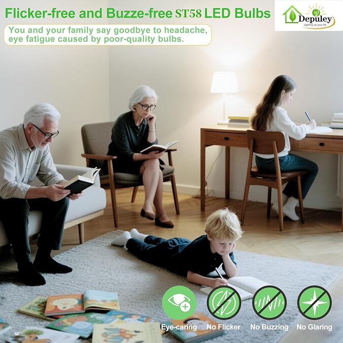 Depuley LED Light Bulbs E26: Chandelier Lights Bulb 6W Equivalent 60W - Edison Vintage Bulbs Daylight 5000K ST58 Clear Glass Bulb 800LM 80+CRI Non-Dimmable 6-Pack