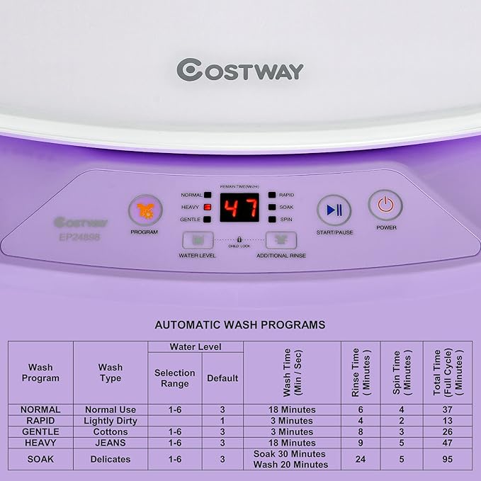 COSTWAY Portable Washing Machine, 8 Lbs Capacity, Built-in Drain Pump, Compact Laundry Washer with 6 Programs, 6 Water Levels, Child Lock, Full-Automatic washer for RV, Dorm, Apartment, Purple