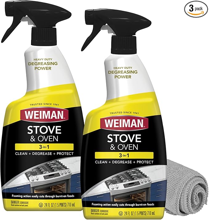 Weiman Heavy Duty Stove and Oven Cleaner and Degreaser for Glass, Ceramic Cooktops, BBQ grill grates - 2 Pack, 24 Oz w/MicroFiber Towel