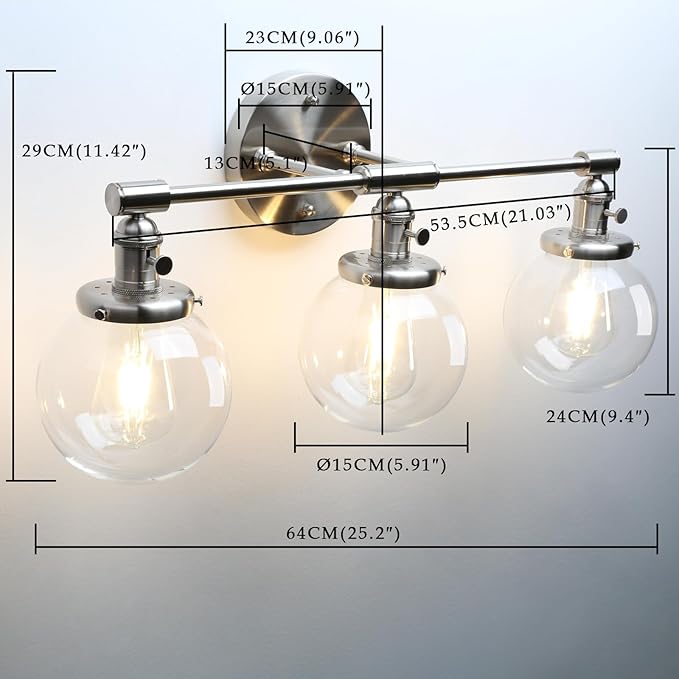 Phansthy 3-Light Wall Sconces Antique Brass Vanity Light, Industrial Wall Lamps with On Off Switch and Clear Glass Lampshade, Vintage Wall Lighting for Bathroom Living Room (Brushed, Globe Shade)