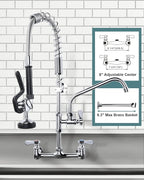 25" Height Commercial Faucet Wall Mount with Sprayer 8" Adjustable Center 9.6" Swing Spout, Kitchen Sink Faucet with Pull Down Pre-Rinse Sprayer for Restaurant Industrial Kitchen, Chrome