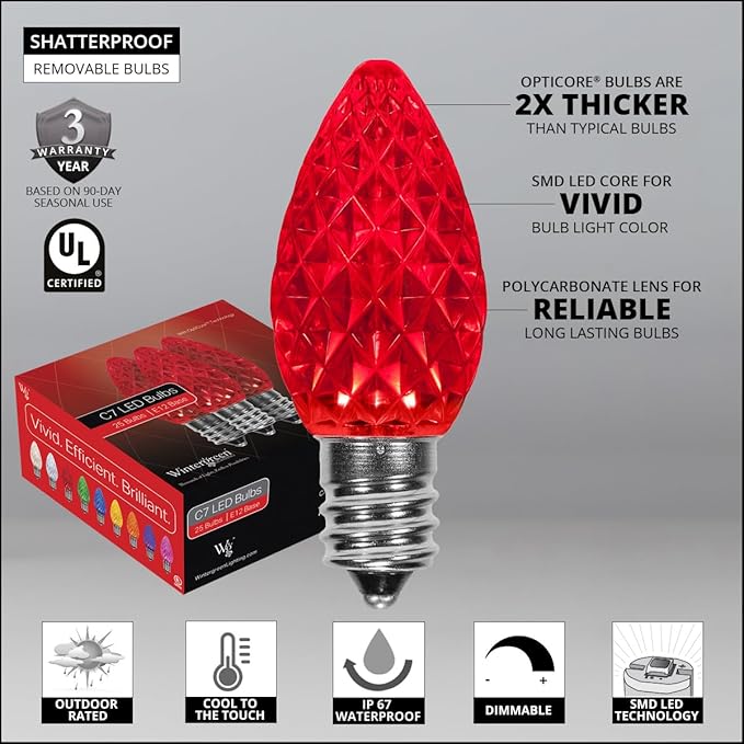 Wintergreen Lighting OptiCore C7 LED Christmas Light Bulbs - 25 Pack Heavy Duty Premium Outdoor Replacement LED Christmas Lights, E12 Base (Red Faceted)