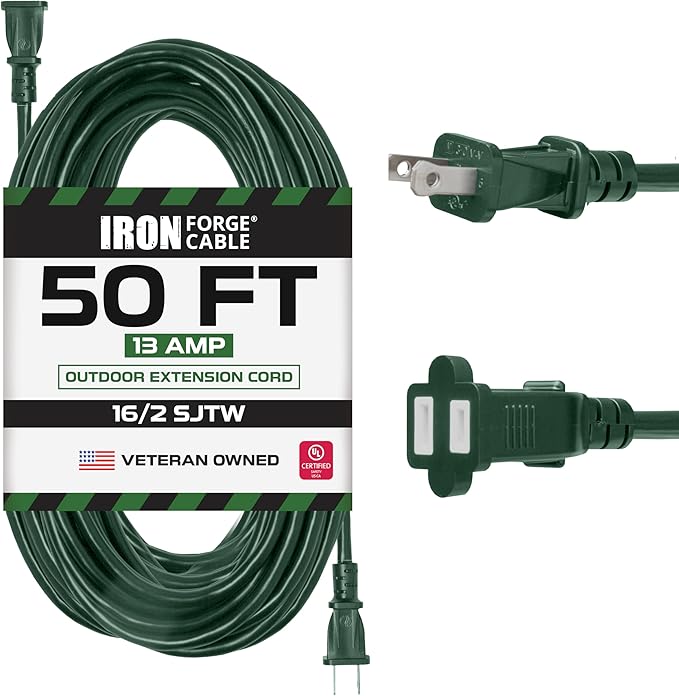 Iron Forge Cable 2 Prong Outdoor Extension Cord 50 ft, 16/2 Weatherproof Green Extension Cord for Outside, 13 Amp SJTW Power Cable for Outside & Landscaping - US Veteran Owned