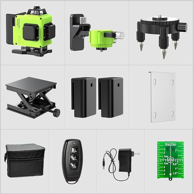 16 Lines Laser Level 360 Self Leveling, 4x360° 4D Green Beam Cross Line Lazer Level with 2 Batteries,360°Horizontal/Vertical Line Laser Remote Control for Tiling Floor Construction and Picture Hanging
