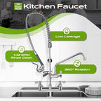 Commercial Sink Faucet with Sprayer 36" Height, 8 Inch Center Wall Mount Kitchen Sink Faucet with Down Pre-Rinse Sprayer and 12" Add-on Swing Spout