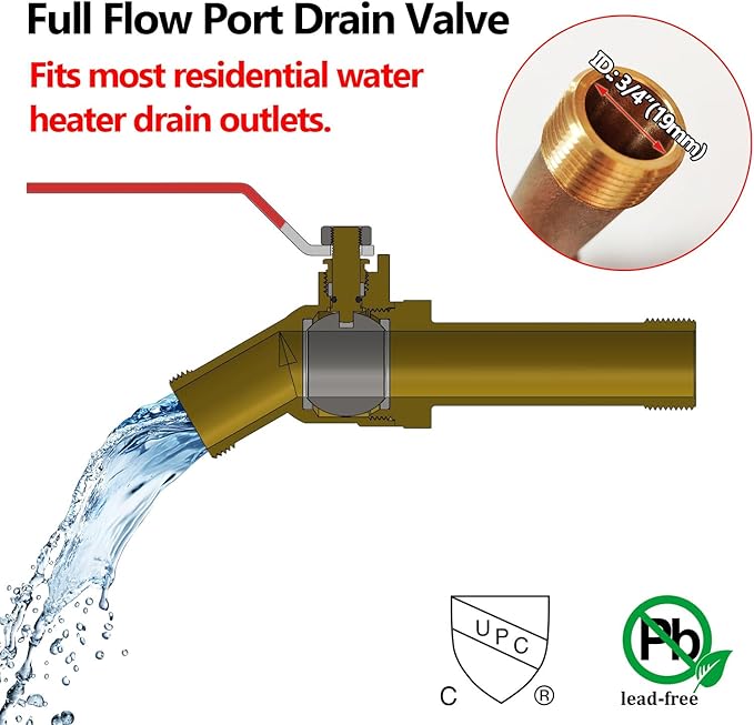 Water Heater Drain Valve 3/4"MIP X 3/4" Male GHT Connection to drain or Flush Hot Water Heater Faster and Easy Big Full Port (No Pb Brass,3 Inch Shank with Long Handle,Straight)