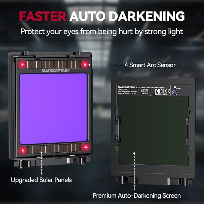 ARCCAPTAIN Auto Darkening Welding Helmet with Side View, 180° Panoramic View, 1/1/1/1 True Color Large Viewing Welding Hood with 4 Arc Sensor Solar Powered, Wide Shade 4/5-9/9-13 for TIG MIG ARC CUT