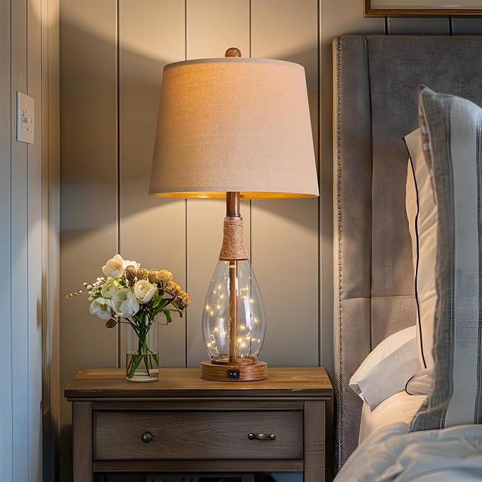 OYEARS 23" USB A+C Table Lamp for Bedroom Living Room Modern Bedside Lamps Retro Farmhouse Rattan Glass Nightstand Nightlight Lamps,Two Light Points