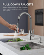 FORIOUS Kitchen Faucet with Soap Dispenser Chrome, Single Handle Stainless Steel Transitional Sink Faucet with Pull Down Sprayer 1 or 3 Hole, Suitable for Farmhouse Laundry Camper RV Bar