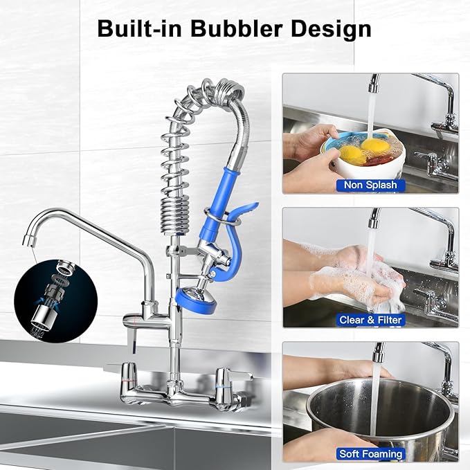 Commercial Faucet with Sprayer for Kitchen Staff : Akwadu Wall Mount Commercial Faucet with Pre Rinse Sprayer 8" Center - 21 Inch Pre Rinse Faucets with 8" Add-On Swing Spout for Dishwashers