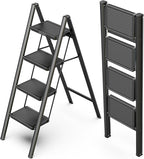 WOA WOA 4 Step Ladder, Folding Step Stool with Non-Slip Pedals, Portable Stepping Stool Household, Sturdy Steel Ladder, Space Saving for Kitchen, Anti Skid Feet, Support 330lbs - Black