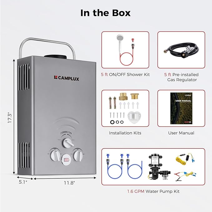 Tankless Water Heater, Camplux 1.58 GPM Propane Portable Water Heater With Pump Kit, Gray, BW158GP60