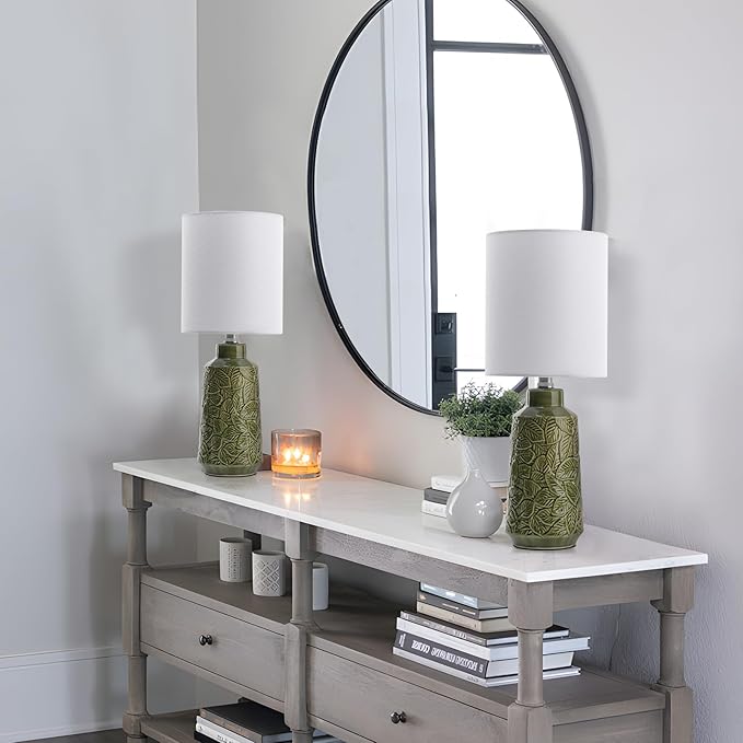 Ceramic Table Lamp Set of 2, 18" Modern Farmhouse Bedside Lamps with Leaf Pattern & White Linen Shade, Nightstand Lamps with Inline ON/Off Switch for Living Room, Bedroom, Dining Room