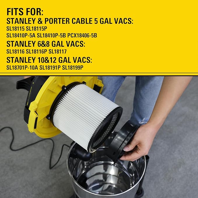Stanley 08-2501 High Efficiency Shop Vac Filters, Replacement Cartridge Filter Fit for Most 5-18 Gallon Wet Dry Vacuum Cleaners, Shop Vacuum Wet and Dry Accessories Replacement Parts, 08-2501