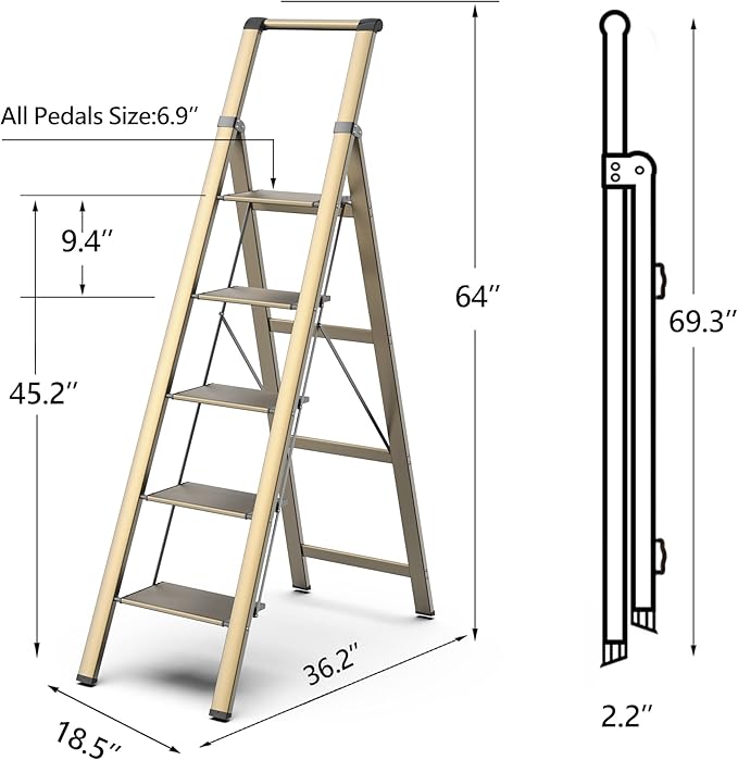 GameGem 5 Step Ladder for 10 Feet High Ceiling, Lightweight Aluminum Folding Step Stool with Convenient Handgrip, Stepladders with Anti-Slip and Wide Pedal for Home Use Space Saving - Gold