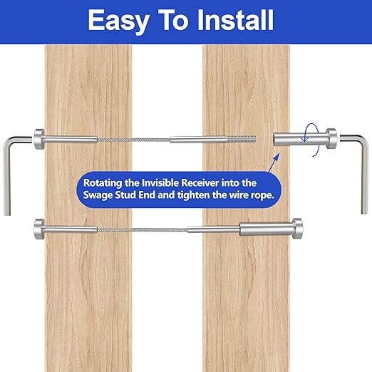 CKE 10 Pairs Invisible Cable Railing Kit, T316 Stainless Steel 3/16" Invisible Receiver and Swage Stud End for 2"x2", 4"x4" Wood/Metal Post, Invisible Deck Stair Cable Railing Hardware Tensioner CR31