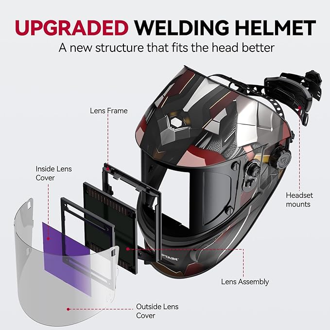 ARCCAPTAIN Large Viewing Screen 3.93"X3.66" Welding Helmet, True Color 1/1/1/1 Solar Power Auto Darkening Welding Hood with 4 Arc Sensor, Wide Shade 4/5-9/9-13 for TIG MIG ARC, Armour