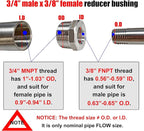 2 Pcs 304 Stainless Steel Reducer Hex Bushing, 3/4" Male NPT to 3/8" Female NPT Pipe Fitting Hex Bushing, Heavy Duty Pipe Fitting Reducer Adapter (3/4" - 3/8")