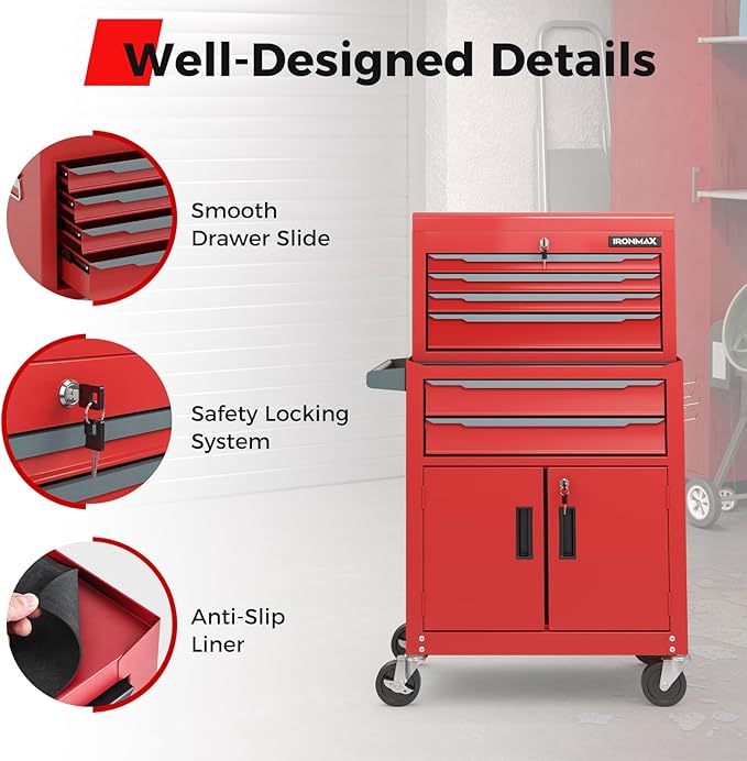 Goplus Tool Chest, 6 Drawers Extra Large Rolling Too Storage Cabinet with 4” Universal Lockable Wheels, Auto Lock, Protective Liner, 2-in-1 Heavy Duty Tool Box for Garage, Workshop