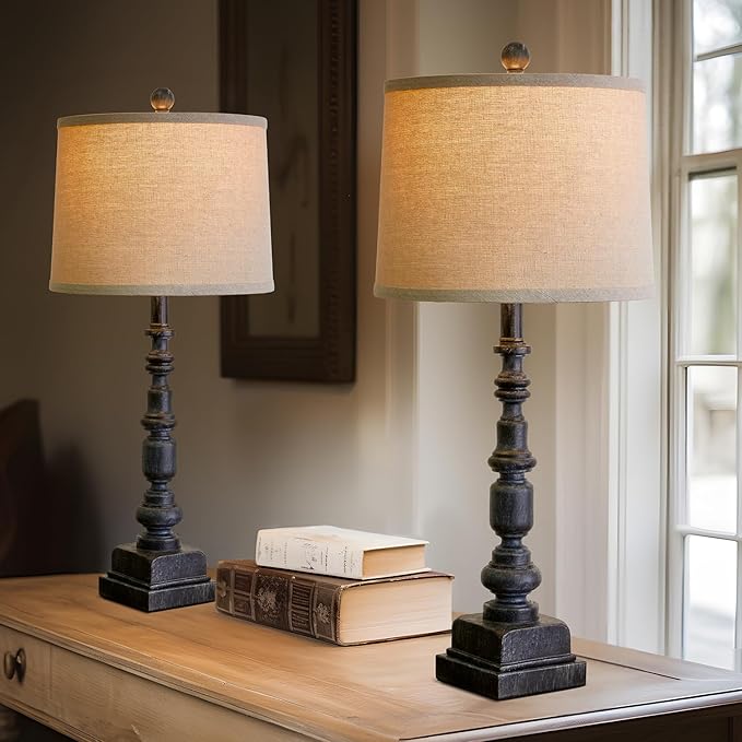 Oneach 27.75” Vintage Farmhouse USB A+C Table Lamps Set of 2 for Living Room Bedroom Traditional Bedside Nightstand Lamp Retro Resin Lamps Linen Shade Nightstand Home Office Antique Black Accent