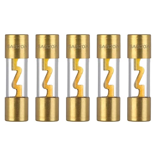 20A AGU Fuse 20 Amp Gold Plated Glass Inline Automobile Audio Fuses for Car Auto Stereo Amplifier Safety Power Protection 12V (Pack of 5 Pcs)