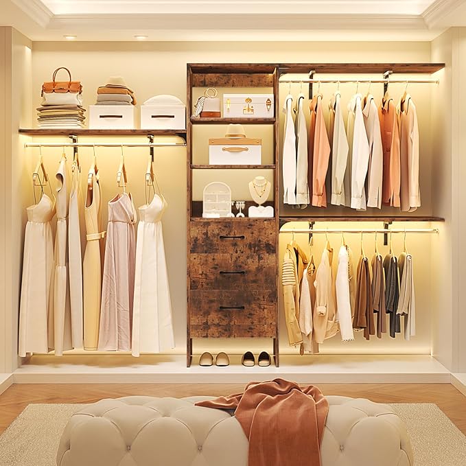 8FT Closet System, 96'' Closet Organizer System with 3 Hanging Rods, Wall Mount Bedroom Wardrobe with 3 Drawers Walk-in Closet, Adjustable Cloth Garment Rack from 5 to 8FT (Cut to Fit), Rustic Brown