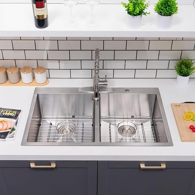 SHACO 33x22 Inch 50/50 Double Bowl Drop In Kitchen Sink 16 Gauge 33 Inch Stainless Steel Kitchen Sink Top Mount with Grid and Accessories