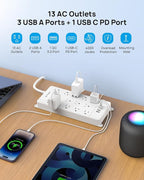TROND Surge Protector Power Strip with USB C, Flat Plug Extension Cord 5 ft, 13 Wide Spaced Outlets, 4000 Joules, 32W Quick Charge 3.0 &, Wall Mount, Under Desk, Heavy Duty ETL Listed, White