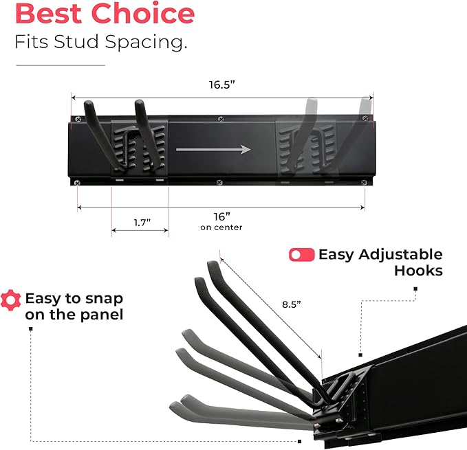 TIDYME Garage Tool Organizer Wall Mount - 32 inches - Sturdy Storage Rack with Adjustable Hooks, Anti-Rust - Easy Installation, 200lbs Capacity - Garden Tool Organizer (02 Racks & 04 Hooks)