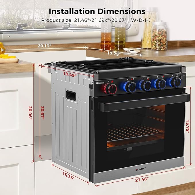 CAMPLUX Elite RV Stove Propane Range 21 Inches, 1.8 Cu.ft. Propane Oven with 3 Burners Cooktop, RV Gas Oven Stove Combo 28,100 BTU/Hr, Black, RGP21MGB