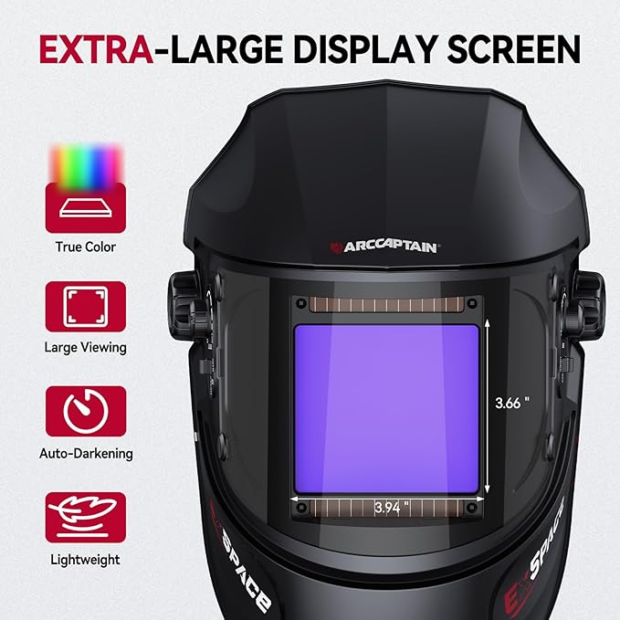 ARCCAPTAIN 3.94"X3.66" Welding Helmet Auto Darkening, 1/1/1/1 Top Optical Clarity Large Viewing Screen Solar Power Welding Hood with 4 Arc Sensor, Wide Shade 4-5/5-9/9-13 for TIG MIG ARC Welding CUT