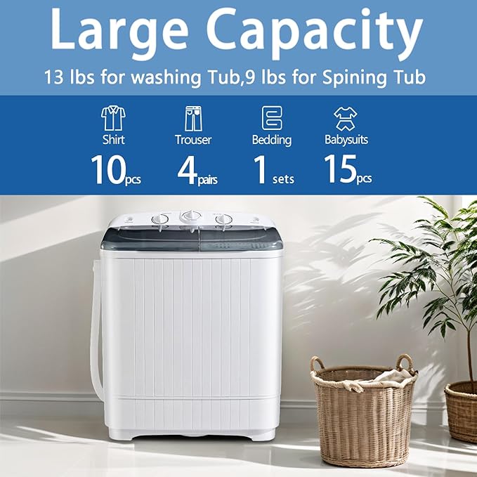 Sportpulse 22lbs Compact Mini Twin Tub Washing Machine with Drying Rack, 13lbs Portable Laundry Washer and 9lbs Spinner, Convenient and Efficient for Dorms, Apartment (Black, 22lbs)
