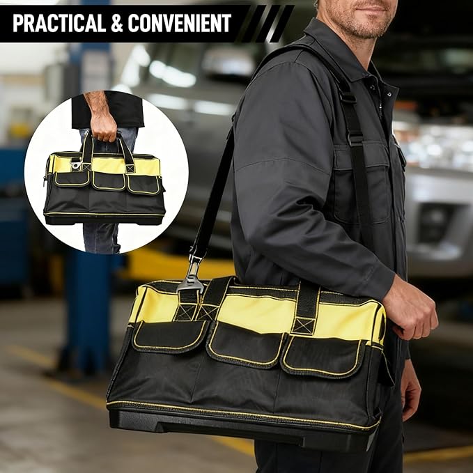 Heavy Duty Tool Bag 16-Inch, 16-Pocket Portable Tool Bag Organizer with Adjustable Shoulder Strap,Soft Handle Large Zipper Carrying Tool bags with Wide Mouth and Waterproof Strong Molded Base