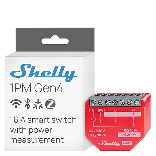 Shelly 1PM Gen4 | Wi-Fi, Zigbee, Matter Smart Relay Switch with Power Metering, 1-Channel 16A | Home Automation | Alexa, Google Home, Apple HomeKit Compatible | iOS Android App | No Hub