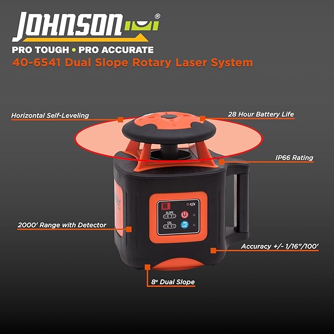Johnson Level & Tool 40-6541 High Accuracy Dual Slope Rotary Laser System, Red, 1 ‎Kit