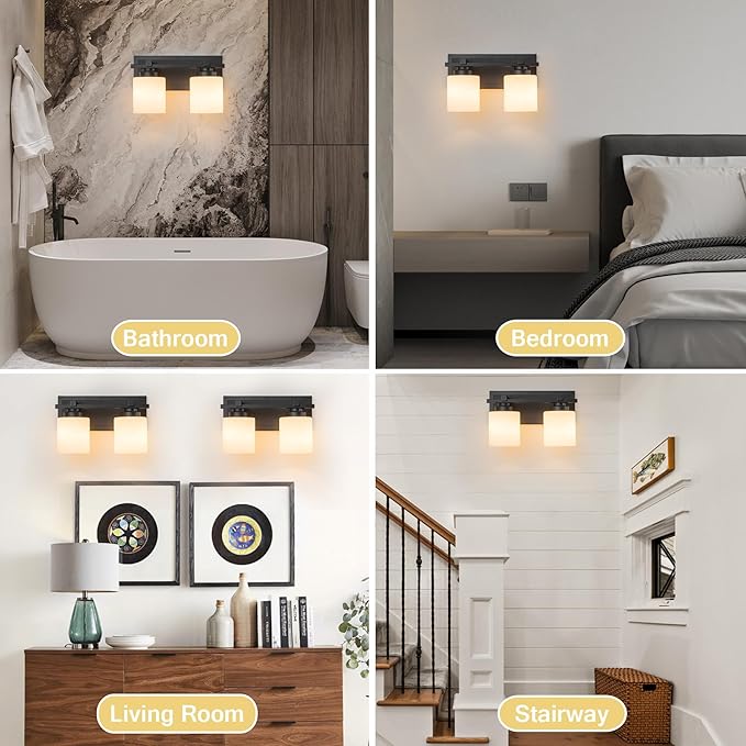 2 Light Modern Bathroom Light Fixtures Over Mirror, Black Vanity Lights for Bathroom Wall Sconces with Milky White Glass Shades, E26 Socket (Bulbs Not Included)