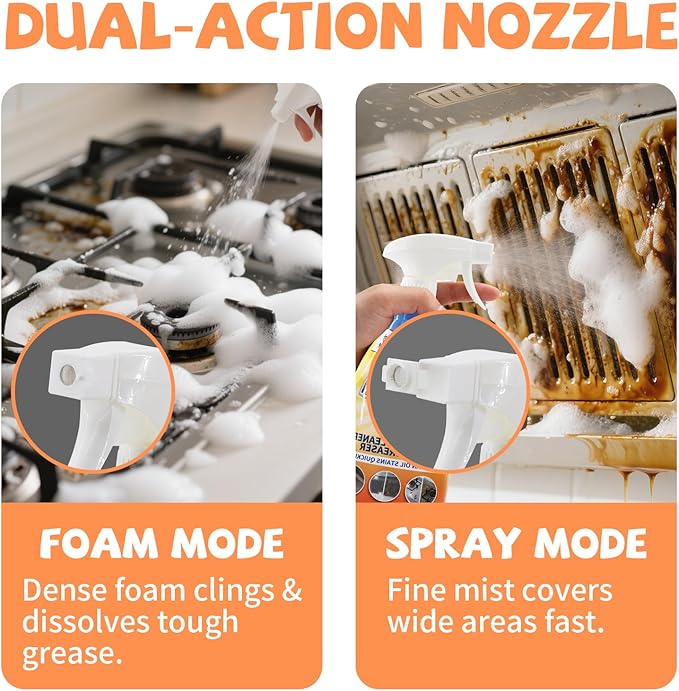 WETQUEEN All Purpose Cleaner Spray, Powerful Kitchen Degreaser Foam Spray, Stubborn Stains Cleaner for Kitchen, Bathroom, Cooker, Countertops, Tiles, Dual-Spray Nozzle, Lemon Scent, 16.91 Fl Oz