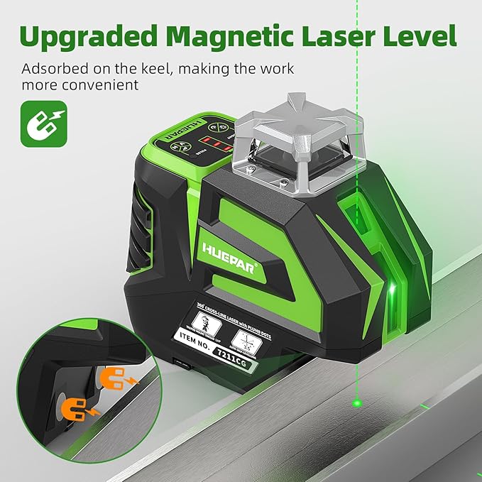 Huepar Self Leveling Green Laser Level Cross Line with 2 Plumb Dots Laser Tool -360 Horizontal Line Plus Large Fan Angle of Vertical Beam -Li-ion Battery with Type-C Charging Port&Magnetic Base 7211CG