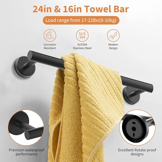 Cilee 10 Piece Matte Black Bathroom Hardware Set,2 Pack 5 Piece Bathroom Accessories Set Include 24 inch,16 inch Toilet Paper Holder, Towel bar,Towel Ring,Towel Hook,Stainless Steel Wall Mounted