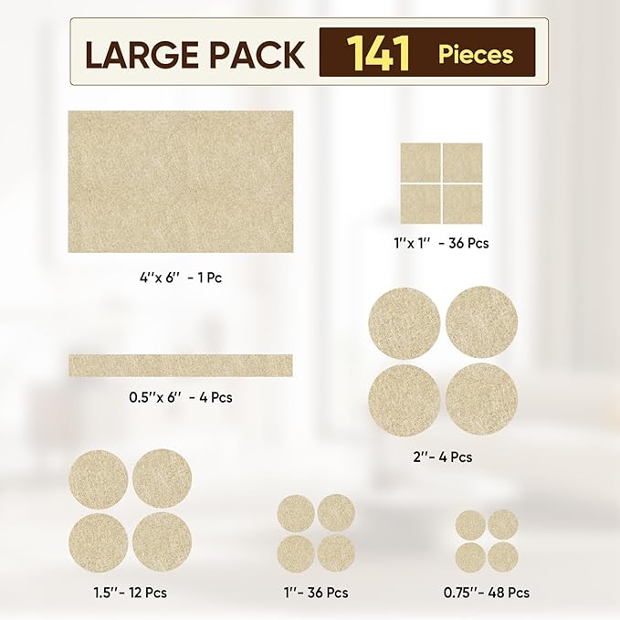 BALEINE 141PCS Felt Furniture Pads, Multi-Size Felt Pads for Chair Legs, Tables, Beds, Scratch-Reducing Floor Protectors for Hardwood Floors, Tile, Vinyl, and Laminate (141PCS, Beige)