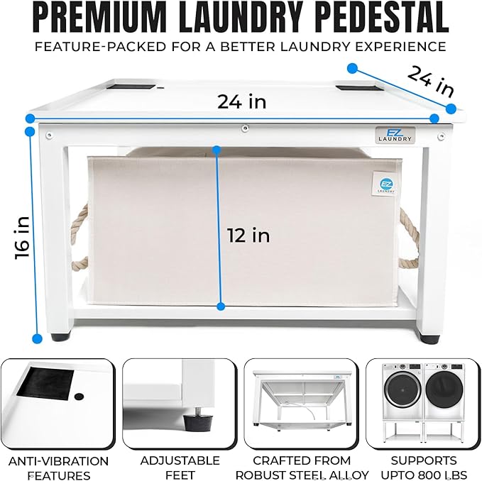 Washer and Dryer Pedestals - 24" W, 16" H, White Steel Universal Fit with Major Brands, Leak-Proof Laundry Pedestal with Drain Pan & Hose, Washer and Dryer Stand for Back Pain Relief, 800 lbs Capacity