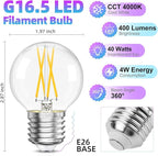 Dimmable G16.5 Light Bulb 4000K Neutral White, 4W, 40 watt Equivalent, E26 LED Globe Bulb, Round Edison Bulbs for Ceiling Fan, Chandeliers, 90+CRI 400LM, 6 Pack
