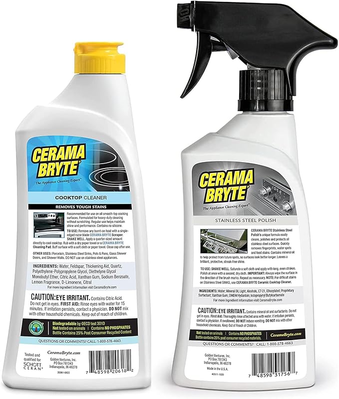 Cerama Bryte Stainless Steel Appliance Cleaner & Removes Tough Stains Cooktop and Stove Top Cleaner for Glass - Ceramic Surfaces, 16 & 18 Ounces, 3-18 Ounces + 1-16 Ounce