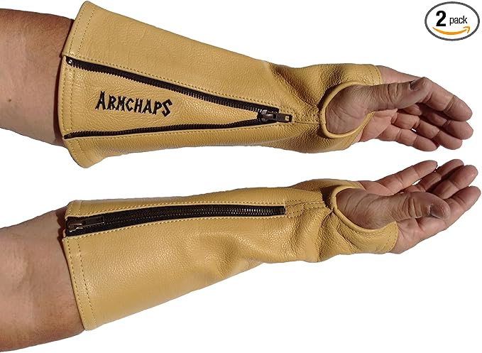 Arm Chaps Leather Protective Sleeves Arm Guard - Prevent Cuts, Scratches & Bruises - Genuine Cowhide - Ideal for Gardening & Construction - Left & Right Form-Fitting. Tan (1 Pair/X-Small).